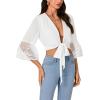 imageLYANER Womens Sexy Tie Front Shirt Deep V Neck Lace Short Sleeve Wrap Crop Top BlouseWhite
