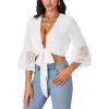 imageLYANER Womens Sexy Tie Front Shirt Deep V Neck Lace Short Sleeve Wrap Crop Top BlouseWhite