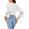 imageLYANER Womens Sexy Tie Front Shirt Deep V Neck Lace Short Sleeve Wrap Crop Top BlouseWhite