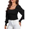 imageLYANER Womens Square Neck Shirred Ruffle Trim Puff Long Sleeve Crop Blouse ShirtBlack