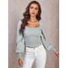 imageLYANER Womens Square Neck Shirred Ruffle Trim Puff Long Sleeve Crop Blouse ShirtLight Green