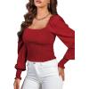 imageLYANER Womens Square Neck Shirred Ruffle Trim Puff Long Sleeve Crop Blouse ShirtRed