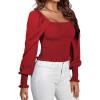 imageLYANER Womens Square Neck Shirred Ruffle Trim Puff Long Sleeve Crop Blouse ShirtRed