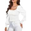 imageLYANER Womens Square Neck Shirred Ruffle Trim Puff Long Sleeve Crop Blouse ShirtWhite