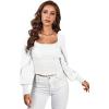 imageLYANER Womens Square Neck Shirred Ruffle Trim Puff Long Sleeve Crop Blouse ShirtWhite