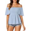 imageLYANER Womens Square Neck Smocked Peplum Top Ruffle Short Sleeve Shirred Babydoll BlouseBaby Blue