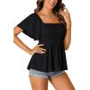 imageLYANER Womens Square Neck Smocked Peplum Top Ruffle Short Sleeve Shirred Babydoll BlouseBlack