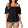 imageLYANER Womens Square Neck Smocked Peplum Top Ruffle Short Sleeve Shirred Babydoll BlouseBlack