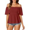 imageLYANER Womens Square Neck Smocked Peplum Top Ruffle Short Sleeve Shirred Babydoll BlouseBurgundy