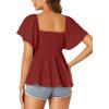 imageLYANER Womens Square Neck Smocked Peplum Top Ruffle Short Sleeve Shirred Babydoll BlouseBurgundy