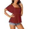 imageLYANER Womens Square Neck Smocked Peplum Top Ruffle Short Sleeve Shirred Babydoll BlouseBurgundy