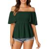 imageLYANER Womens Square Neck Smocked Peplum Top Ruffle Short Sleeve Shirred Babydoll BlouseDark Green