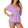 imageLYANER Womens Square Neck Smocked Peplum Top Ruffle Short Sleeve Shirred Babydoll BlouseLavender