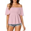 imageLYANER Womens Square Neck Smocked Peplum Top Ruffle Short Sleeve Shirred Babydoll BlousePink