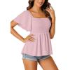 imageLYANER Womens Square Neck Smocked Peplum Top Ruffle Short Sleeve Shirred Babydoll BlousePink