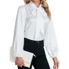 imageLYANER Womens Tie Knot Neck Lantern Long Sleeve Work Blouse Shirt TopWhite