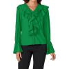 imageLYANER Womens V Neck Ruffle Front Button Down Ruffle Long Sleeve Blouse Top ShirtGreen