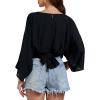 imageLYANER Womens V Neck Ruhed Tie Knot Back 34 Sleeve Crop Blouse Shirt TopBlack