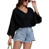 imageLYANER Womens V Neck Ruhed Tie Knot Back 34 Sleeve Crop Blouse Shirt TopBlack