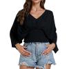 imageLYANER Womens V Neck Ruhed Tie Knot Back 34 Sleeve Crop Blouse Shirt TopBlack