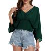 imageLYANER Womens V Neck Ruhed Tie Knot Back 34 Sleeve Crop Blouse Shirt TopDark Green
