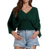 imageLYANER Womens V Neck Ruhed Tie Knot Back 34 Sleeve Crop Blouse Shirt TopDark Green