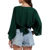 imageLYANER Womens V Neck Ruhed Tie Knot Back 34 Sleeve Crop Blouse Shirt TopDark Green