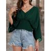 imageLYANER Womens V Neck Ruhed Tie Knot Back 34 Sleeve Crop Blouse Shirt TopDark Green