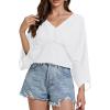 imageLYANER Womens V Neck Ruhed Tie Knot Back 34 Sleeve Crop Blouse Shirt TopWhite