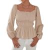 imageLYANER Womens Frill Smock Retro Square Neck Long Sleeve Shirred Blouse TopsBeige