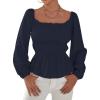 imageLYANER Womens Frill Smock Retro Square Neck Long Sleeve Shirred Blouse TopsNavy Blue