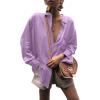 imageLYANER Womens Satin Collar Neck Button Down Long Sleeve Blouse Shirt Tunic TopLight Purple
