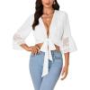 imageLYANER Womens Sexy Tie Front Shirt Deep V Neck Lace Short Sleeve Wrap Crop Top BlouseWhite