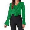 imageLYANER Womens V Neck Ruffle Front Button Down Ruffle Long Sleeve Blouse Top ShirtGreen
