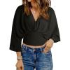 imageLYANER Womens V Neck Ruhed Tie Knot Back 34 Sleeve Crop Blouse Shirt TopBlack