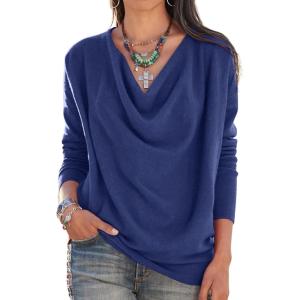 imageLYANER Womens Draped Cowl Neck Long Sleeve Tunic Blouse TopDeep Blue