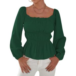imageLYANER Womens Frill Smock Retro Square Neck Long Sleeve Shirred Blouse TopsDark Green