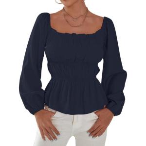 imageLYANER Womens Frill Smock Retro Square Neck Long Sleeve Shirred Blouse TopsNavy Blue