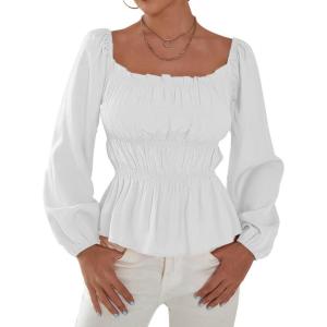 imageLYANER Womens Frill Smock Retro Square Neck Long Sleeve Shirred Blouse TopsWhite