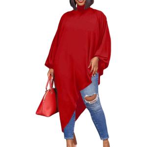 imageLYANER Womens Mock Neck Asymmetrical High Low Balloon Long Sleeve Long Shirt Blouse Tunic TopBordeaux