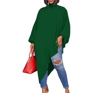 imageLYANER Womens Mock Neck Asymmetrical High Low Balloon Long Sleeve Long Shirt Blouse Tunic TopGreen