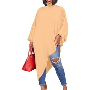 imageLYANER Womens Mock Neck Asymmetrical High Low Balloon Long Sleeve Long Shirt Blouse Tunic TopKhaki