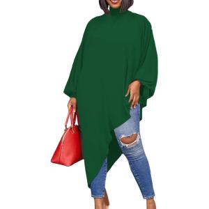 imageLYANER Womens Mock Neck Asymmetrical High Low Balloon Long Sleeve Long Shirt Blouse Tunic TopSolid Green