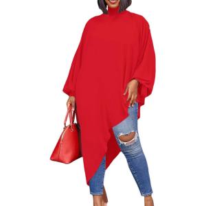 imageLYANER Womens Mock Neck Asymmetrical High Low Balloon Long Sleeve Long Shirt Blouse Tunic TopSolid Red