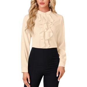imageLYANER Womens Mock Neck Button Down Ruffle Front Long Sleeve Work Shirt Blouse TopsBeige