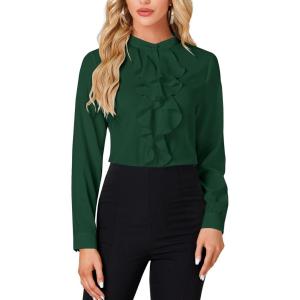 imageLYANER Womens Mock Neck Button Down Ruffle Front Long Sleeve Work Shirt Blouse TopsDark Green