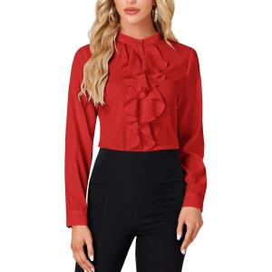 imageLYANER Womens Mock Neck Button Down Ruffle Front Long Sleeve Work Shirt Blouse TopsRed