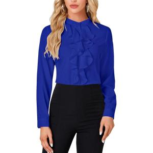 imageLYANER Womens Mock Neck Button Down Ruffle Front Long Sleeve Work Shirt Blouse TopsRoyal Blue