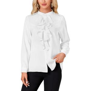 imageLYANER Womens Mock Neck Button Down Ruffle Front Long Sleeve Work Shirt Blouse TopsWhite