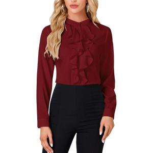 imageLYANER Womens Mock Neck Button Down Ruffle Front Long Sleeve Work Shirt Blouse TopsWine Red